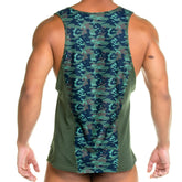 A men’s gigo camo green tank with green and brown camouflage pattern and breathable mesh side panels