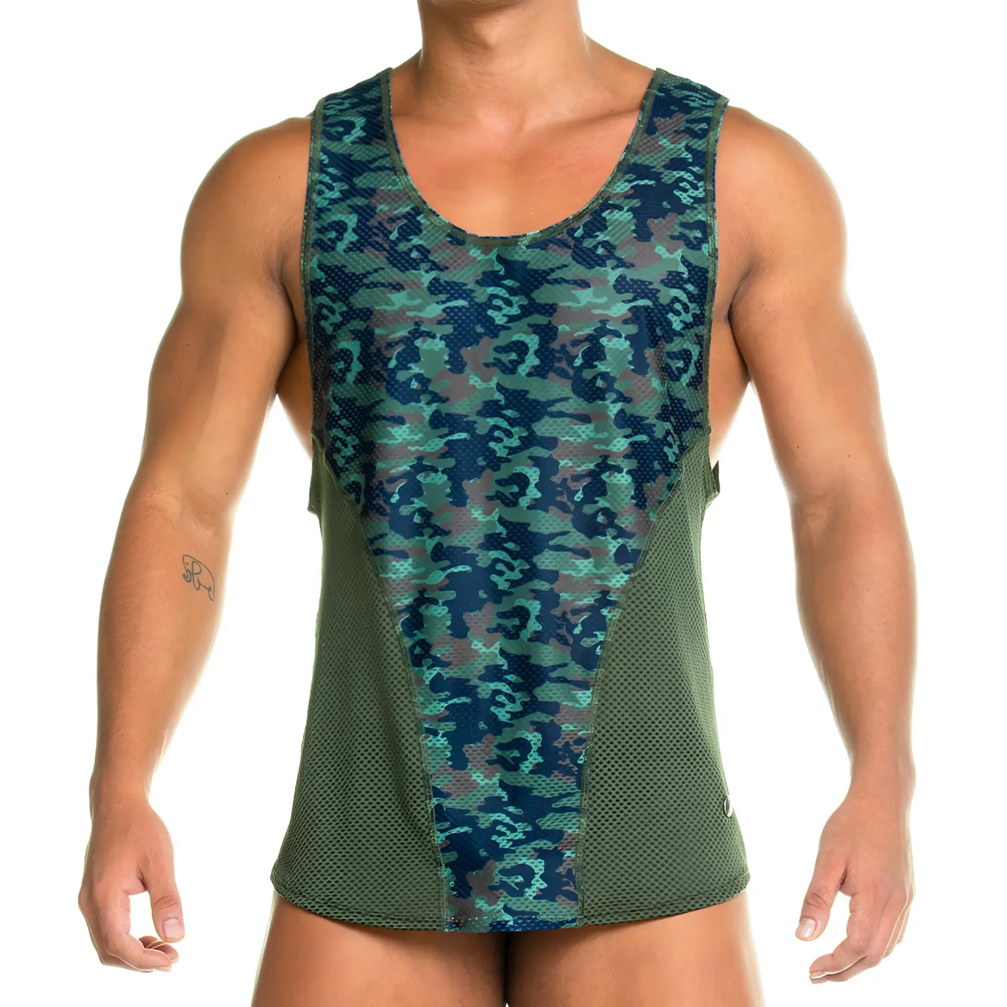 Gigo camo green tank men’s athletic tank top with teal camouflage front panel and olive green mesh side panels