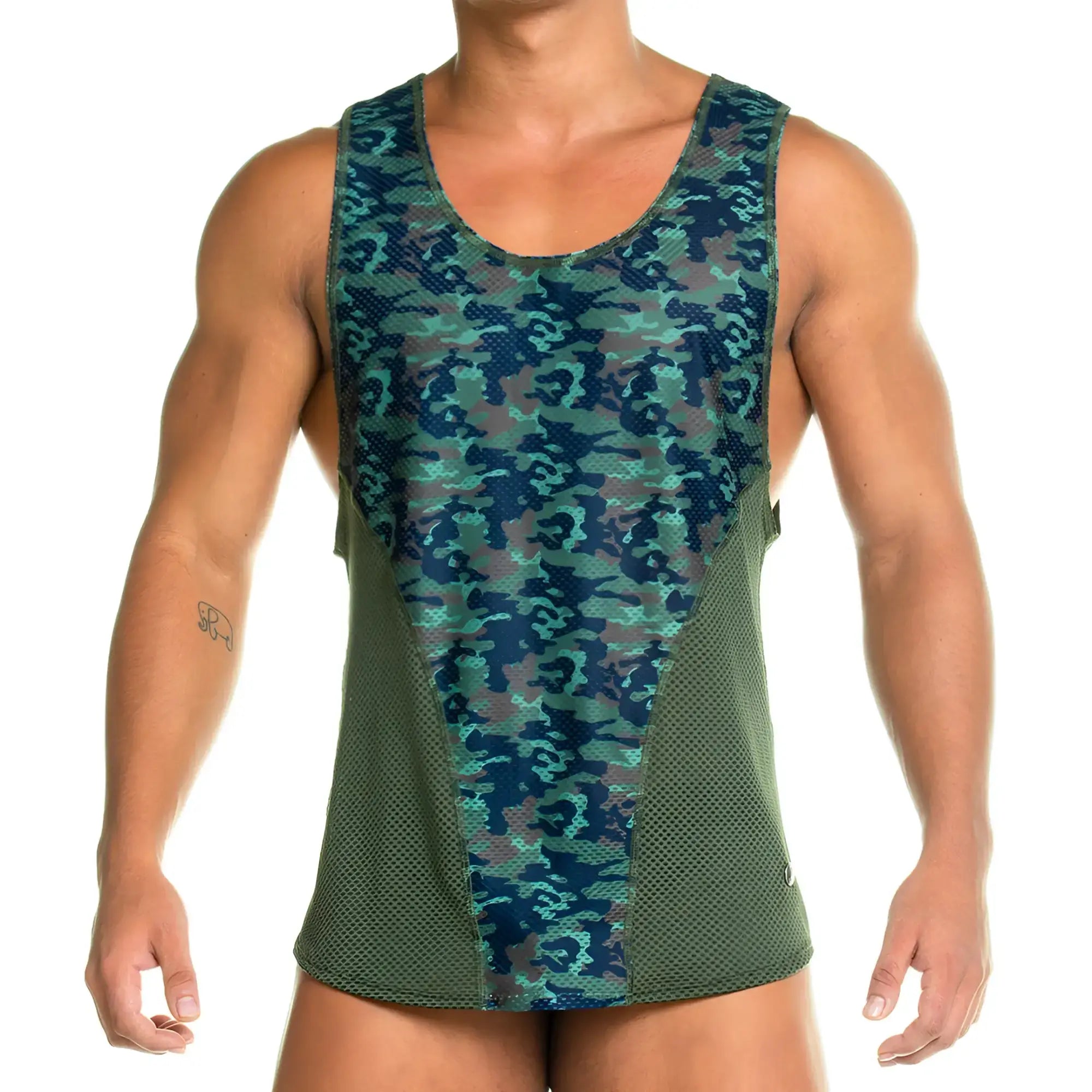 Gigo camo green tank men’s athletic tank top with teal camouflage front panel and olive green mesh side panels