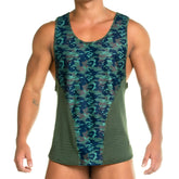 Gigo camo green tank men’s athletic tank top with teal camouflage front panel and olive green mesh side panels