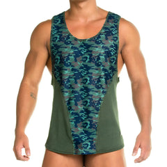 Gigo camo green tank men’s athletic tank top with teal camouflage front panel and olive green mesh side panels