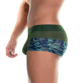 Olive green and teal camouflage patterned briefs with a breathable mesh waistband from gigo camo green trunk