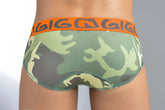 Gigo camouflaged brief underwear size s in green camouflage pattern with orange waistband and black lettering