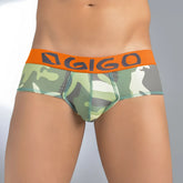 Green and gray camouflage patterned briefs with orange gigo logo waistband size s breathable underwear