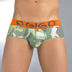 Green and gray camouflage patterned briefs with orange gigo logo waistband size s breathable underwear