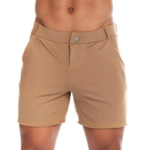 Tan chino cargo shorts with button closure and subtle stitching details ideal for casual wear