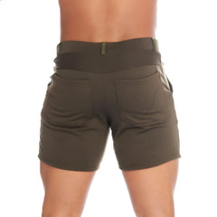 Olive green gigo cargo shorts showing the back with a wide elastic waistband and two pockets for athletic use