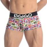 Vibrant comic book-themed men’s boxer briefs with black waistband and white gigo logo size l gigo cartoons short boxer underwear