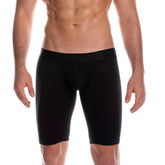 Gigo cautious black trunk long men’s boxer briefs with snug fit elastic waistband in black breathable fabric