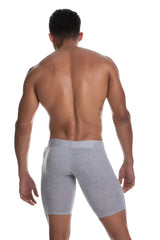 Gray heathered men’s boxer briefs with subtle elastic waistband from gigo cautious grey long boxer underwear g04234 size l