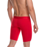 Red athletic briefs with a matching elastic waistband featuring subtle branding from gigo cautious red trunk long collection