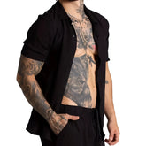 Gigo Chalis black short-sleeved button-up shirt with relaxed fit made from lightweight breathable fabric