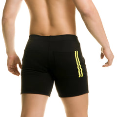 Gigo Chari black athletic shorts with bold yellow vertical stripes on side pockets for activewear use