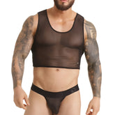 Gigo Clandestine sheer black mesh crop top with black trim and small button detail on the side