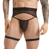Black sheer mesh thong gstring with adjustable leg straps and branded gilbert belt waistband in back view