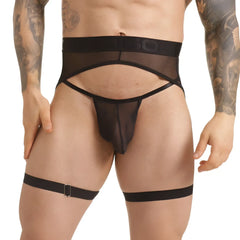 Black sheer mesh thong gstring with adjustable leg straps and branded gilbert belt waistband in back view