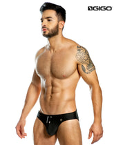 Black gigo classic bikini swim trunks in size l with zipper and button closure ideal for swimwear use