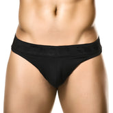 Black mens briefs with textured waistband featuring dego logo in raised lettering classic black g string size l
