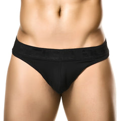 Black mens briefs with textured waistband featuring dego logo in raised lettering classic black g string size l
