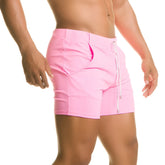 Pink athletic shorts with drawstring waistband and side pockets from gigo classic pink beachwear collection