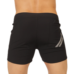 Gigo Club black short with sleek form-fitting design and subtle gray diagonal stripes on the side made for athletes