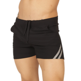 Gigo Club black athletic shorts with drawstring waistband and two diagonal silver stripes on the side