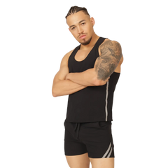 Black athletic tank top gigo club with gray side stripes designed for activewear and breathable comfort