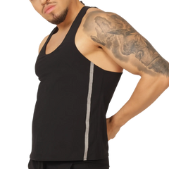 Gigo Club black athletic tank top with a vertical gray stripe down the side for workout and casual wear
