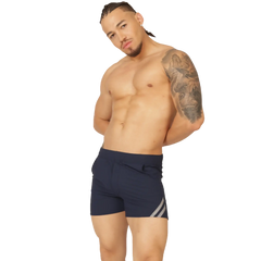 Navy blue gigo club athletic shorts with two gray diagonal stripes on the side for activewear use
