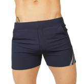 Navy blue gigo club blue short swim trunks with subtle gray and white striped side panel for casual swimming