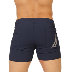 Navy blue Gigo Club athletic shorts with a subtle gray diagonal stripe on the side pocket for sportswear use