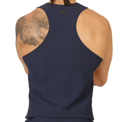 Navy blue sleeveless athletic tank top with a sleek form-fitting design and subtle back seam detail from Gigo Club