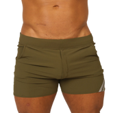 Olive green gigo club athletic shorts with snug fit and subtle white side stripes for active wear
