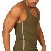 Olive green gigo club athletic tank top with a vertical silver stripe down the side for workout wear
