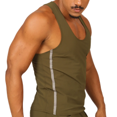 Olive green gigo club athletic tank top with a vertical silver stripe down the side for workout wear