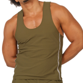 Olive green gigo club athletic tank top with white side stripes designed for active wear