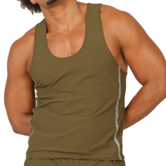 Olive green gigo club athletic tank top with white side stripes designed for active wear
