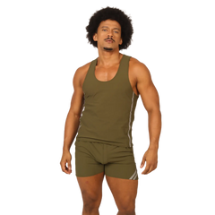 Olive green gigo club athletic tank top with white side stripes designed for activewear and comfort