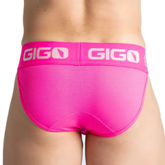 Bright pink gigo colors fucshia brief with textured fabric and white logo on the waistband front view