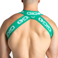 Green gigo brand cross-back men’s underwear harness in green with white logo branding shown from back side