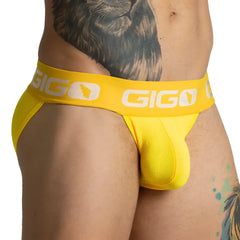 Bright yellow gigo colors yellow brief jockstrap with textured mesh fabric and bold white logo waistband