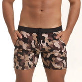 Men’s gigo combat brown beachwear camouflage shorts with black elastic waistband and drawstring for casual wear