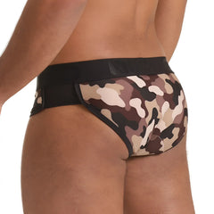 Gigo combat brown brief featuring brown and beige camouflage pattern with black elastic waistband in front view