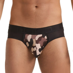 Men’s gigo combat brown brief jockstrap in black and beige camouflage with solid black waistband and supportive design