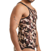 A men’s gigo combat brown tank camouflage tank top with black trim and brown beige dark gray splotches pattern