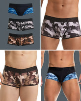 Three-pack of Gigo combat trunks in blue, grey, and brown camouflage prints, featuring black waistbands and trim.