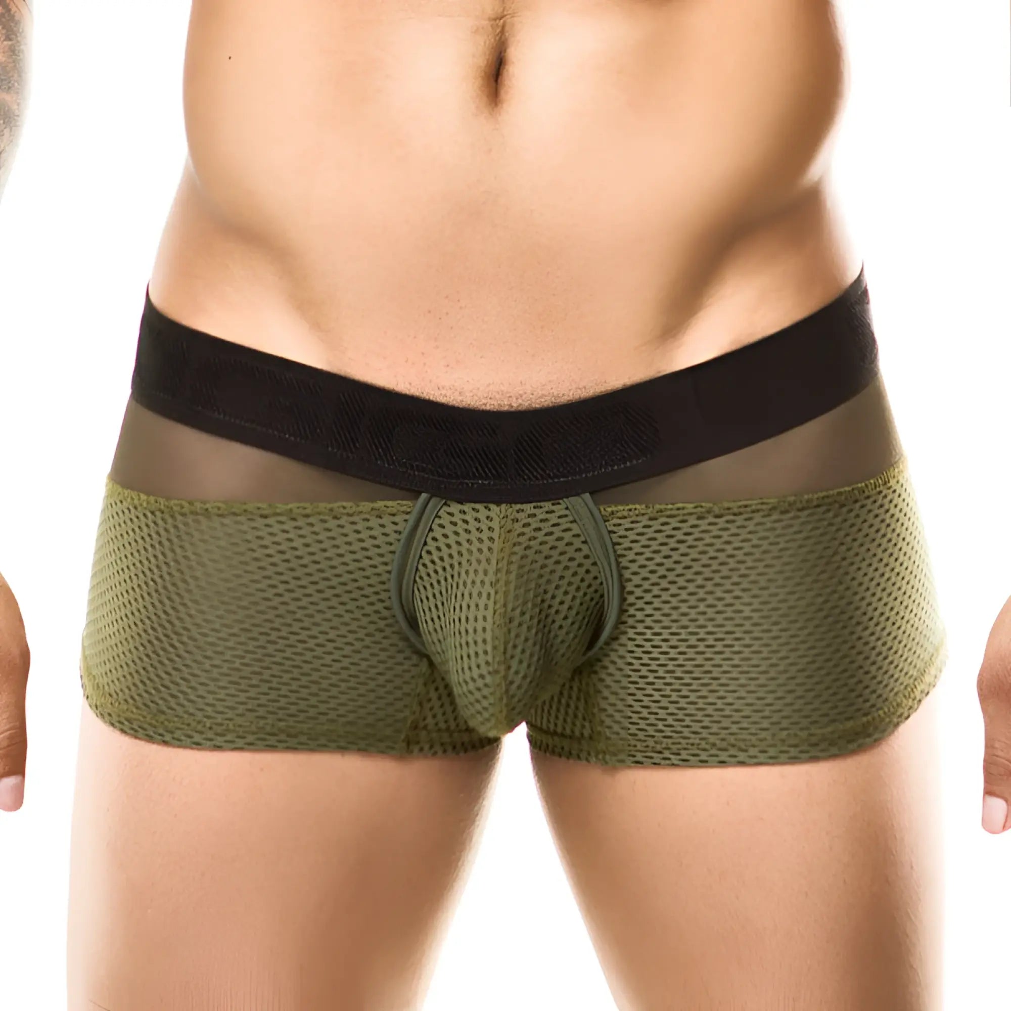 Olive green mesh briefs with black elastic waistband from gigo combo green boxer underwear g02177 size s displayed front side