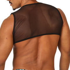 Black sheer mesh tank top with black trim from gigo comics vest harness showing front side details