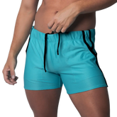 Cyan blue short-length athletic shorts with black drawstring and side piping, made of breathable textured fabric.