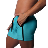 Bright blue athletic short with black side piping, textured mesh fabric, and an elastic waistband.